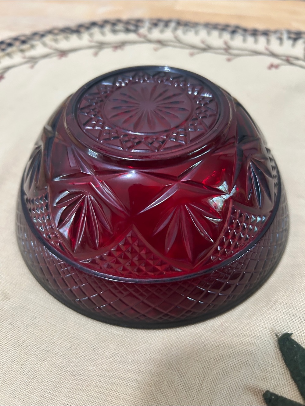 VINTAGE Deep Ruby Cut Glass Decorative Bowl - Home Art
